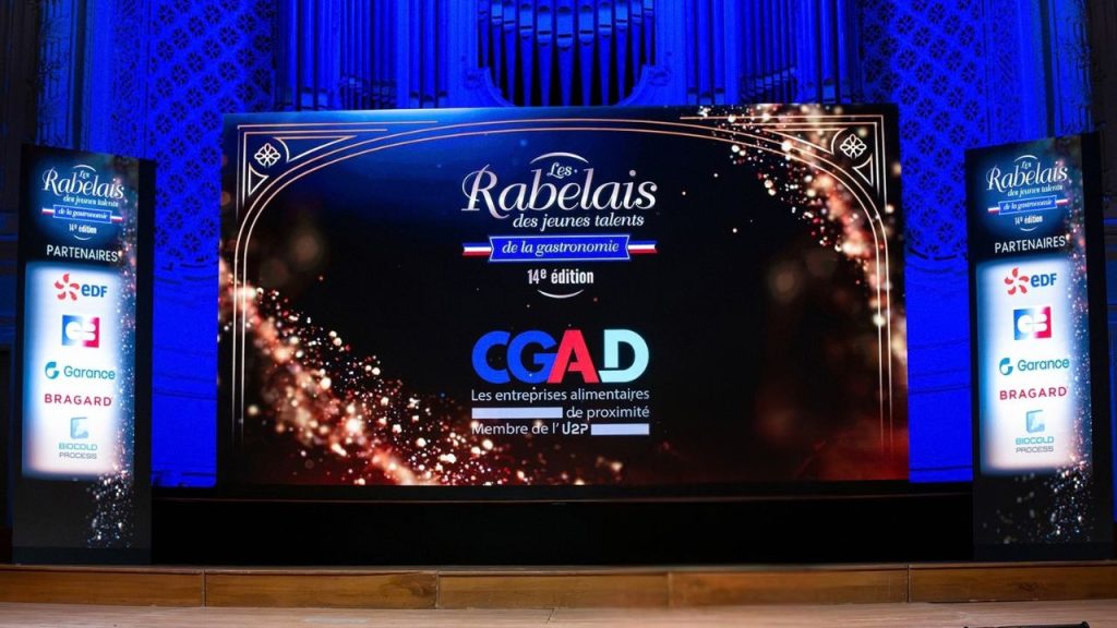 Écran de la 14ᵉ édition des Rabelais des Jeunes Talents de la Gastronomie avec le logo de la CGAD, encadré de colonnes listant les partenaires, dont BIOCOLD PROCESS